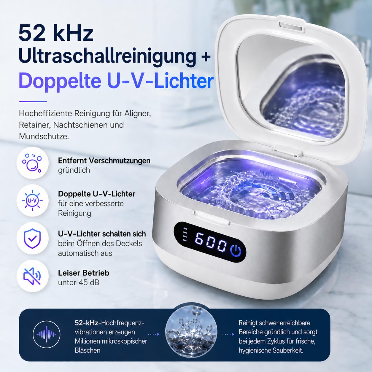 Voraiya Ultraschallreiniger für Zahnschienen Ultrasonic Cleaner mit 4000mAh Akku IPX6 Wasserdichtes Ultraschallreinigungsgerät 166ml Ultraschallbad für Aligner, Zahnspangen, Zahnersatz & Reisen