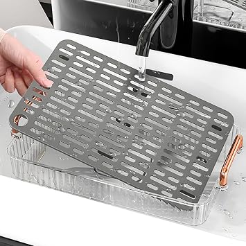 Water Drainage Tea Tray, Double Layer Large Capacity Rectangular Cup Drain Board, Multifunctional Serving Tray with Handle,Drainer with Drip Tray for Living Room Kitchen Fruit VegetableGrey