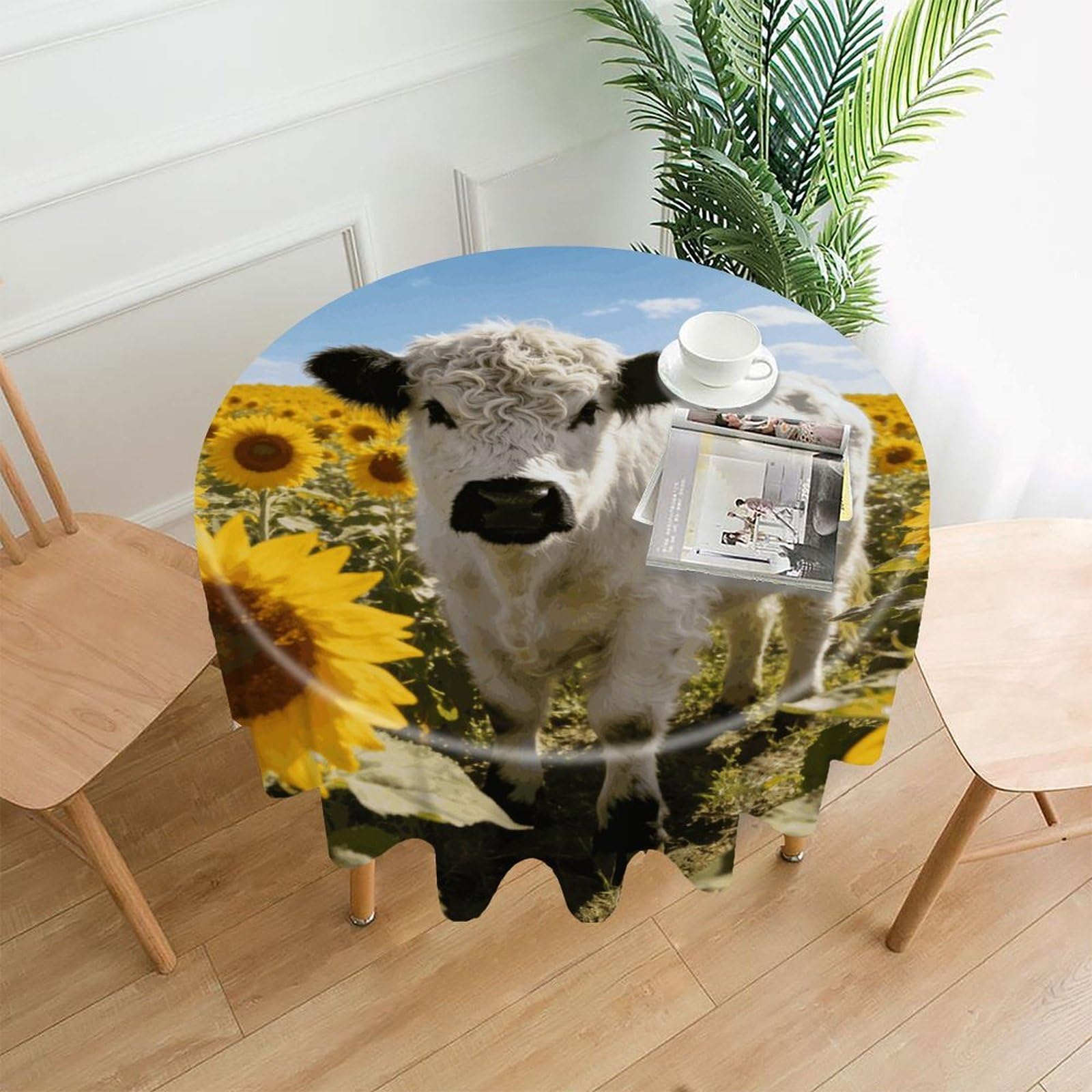 LZQPOEAS Western Highland Cow Sunflowers Tablecloth Easy to Clean Polyester Round Table Cover Washable Round Table Cloth Wrinkle-Free Circle Decoration Tablecloth for Kitchen and Dining Room 60"