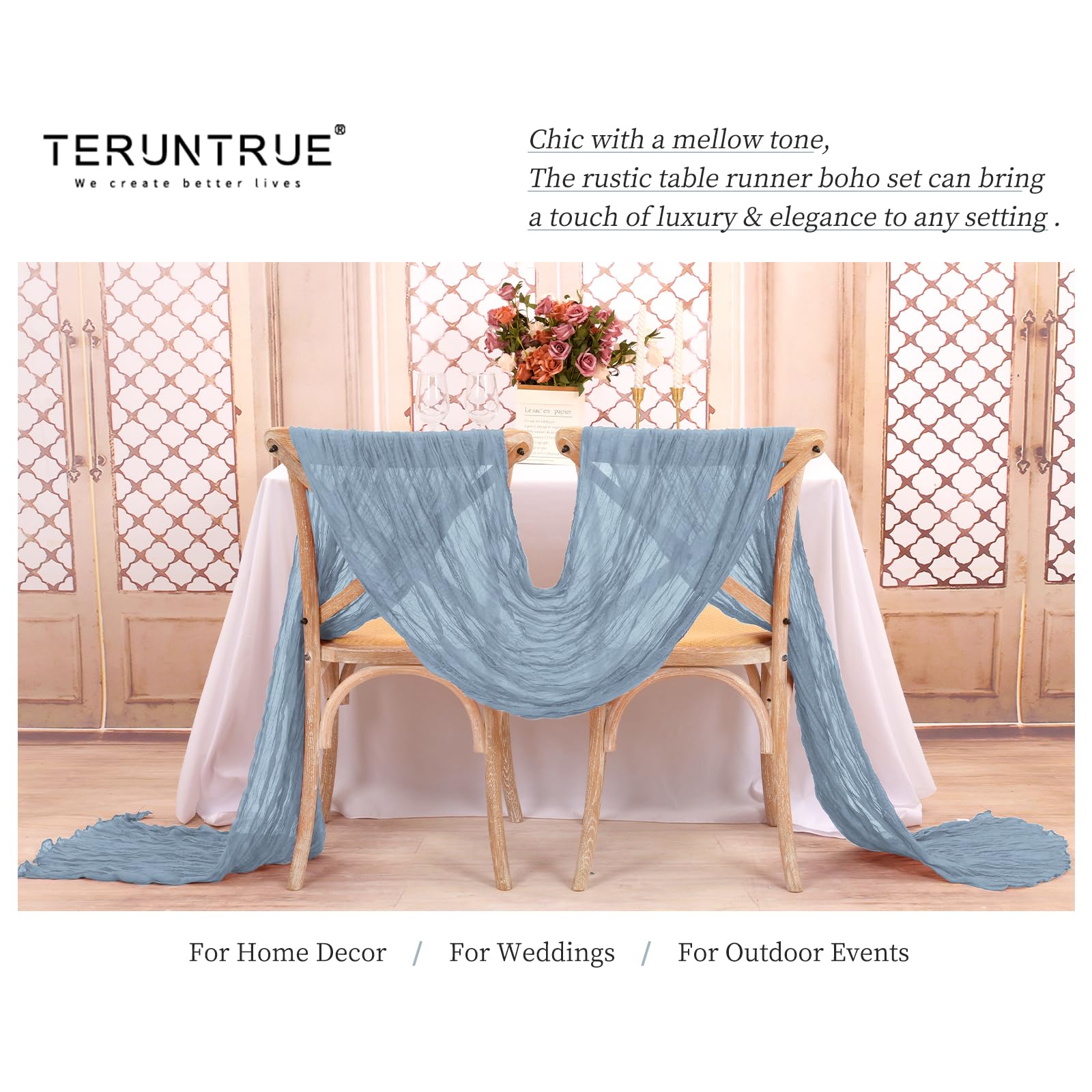 Teruntrue Confezione da 24 Runner da Tavola in Garza Blu Polveroso 45x275 cm, Tovaglie Boho in Garza per Decorazioni di Matrimoni, Feste per Bambini, Baby Shower e Compleanni