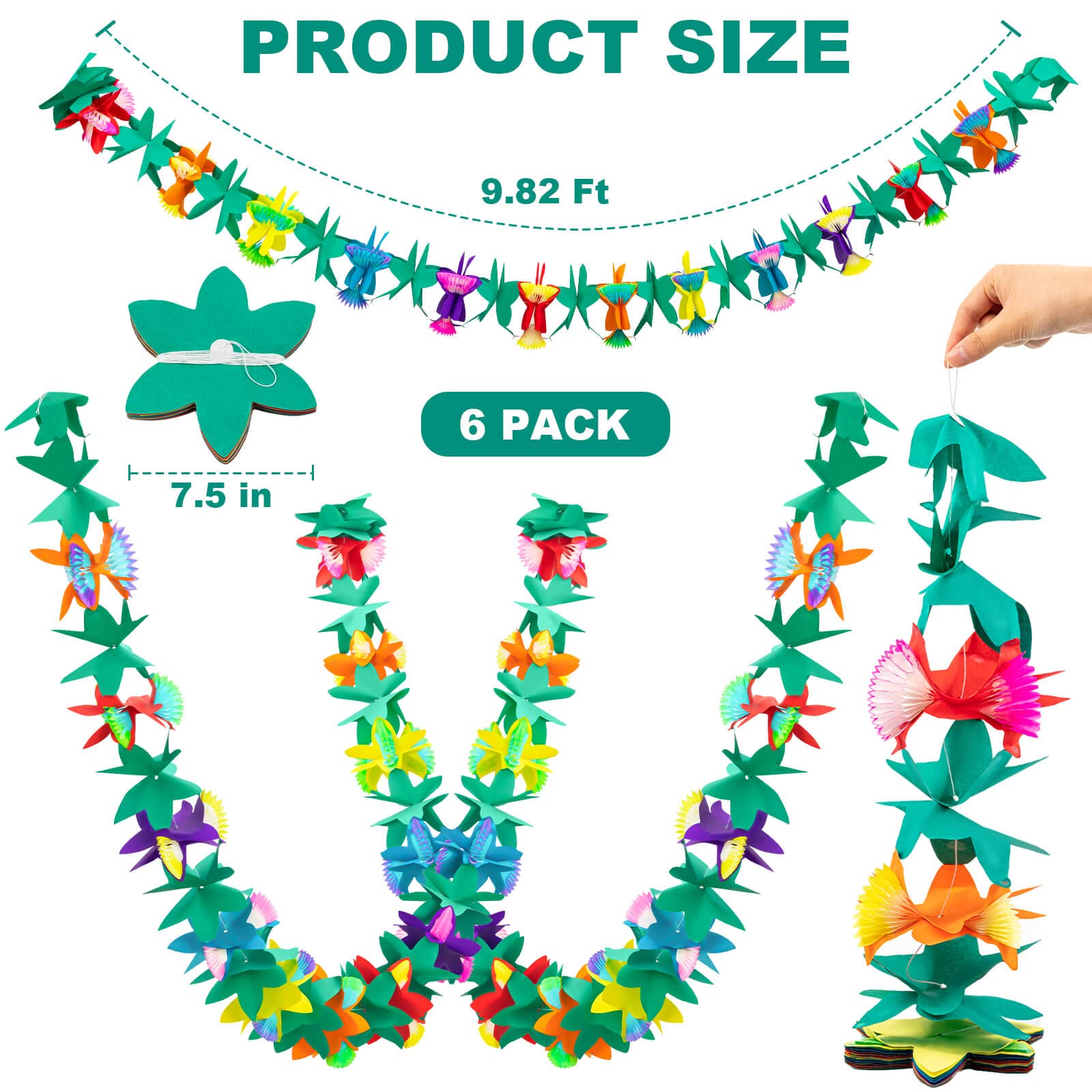 6 x tropische Blumengirlanden, buntes Luau, 15 m lang | Papierblumen Girlande Dekorationen Hawaii Strand Party Geburtstag Baby Party Hochzeit
