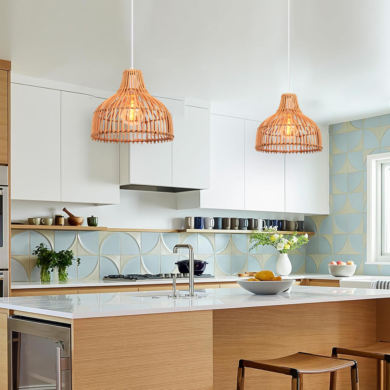 2 Pezzi Lampade a Sospensione Rattan E27 Lampadario Vintage Ø24cm Paralume Bambù Lampadari, Boho Lampada da soffitto Legno per Salotti Cucine Ristoranti Caffè
