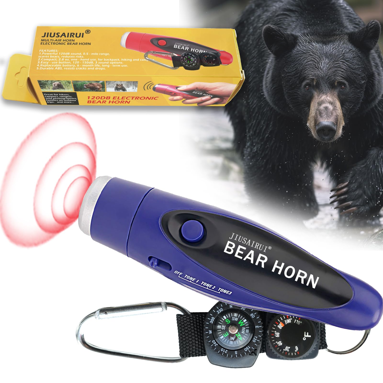 JIUSAIRUI 120dB Electronic Air Horn with Compass &amp; Thermometer- Bear Horn to Scare Bears - Self Defense for Hiking