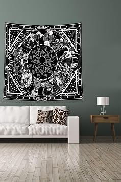 Ontheclouds Siyah Burç Desenli Leke Tutmaz Kadife Kumaş Duvar Örtüsü Duvar Halısı Tapestry, 140 x 140