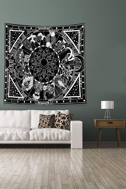 Ontheclouds Siyah Burç Desenli Leke Tutmaz Kadife Kumaş Duvar Örtüsü Duvar Halısı Tapestry, 140 x 140