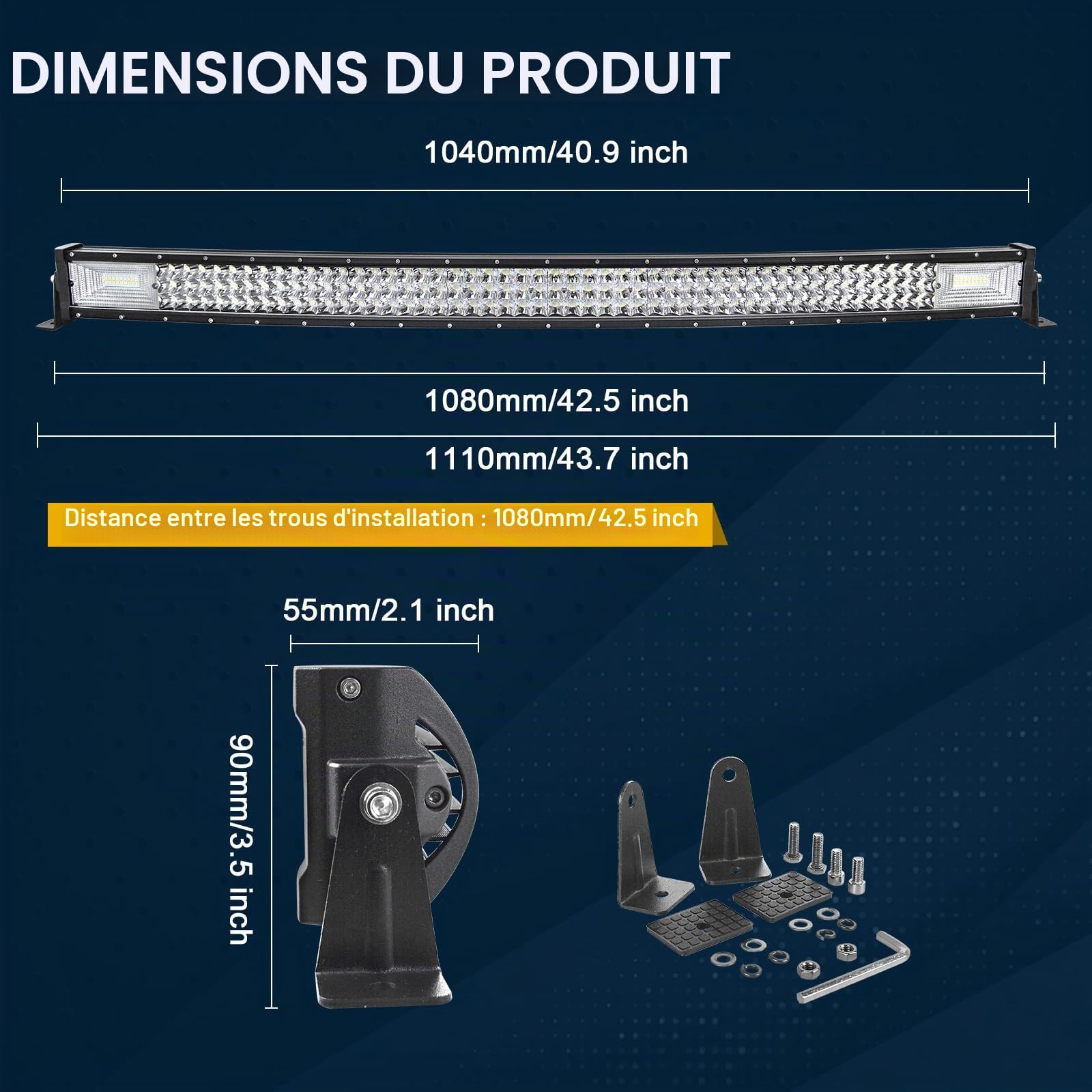 RIGIDON 105cm 42 Pouces 540W incurvée LED Light Barre avec 12V Faisceau kit | 2x 4 pouces 60W phare de travail led, étanche, barre lumineuse, pour offroad véhicules voiture camions ATV bateau tracteur
