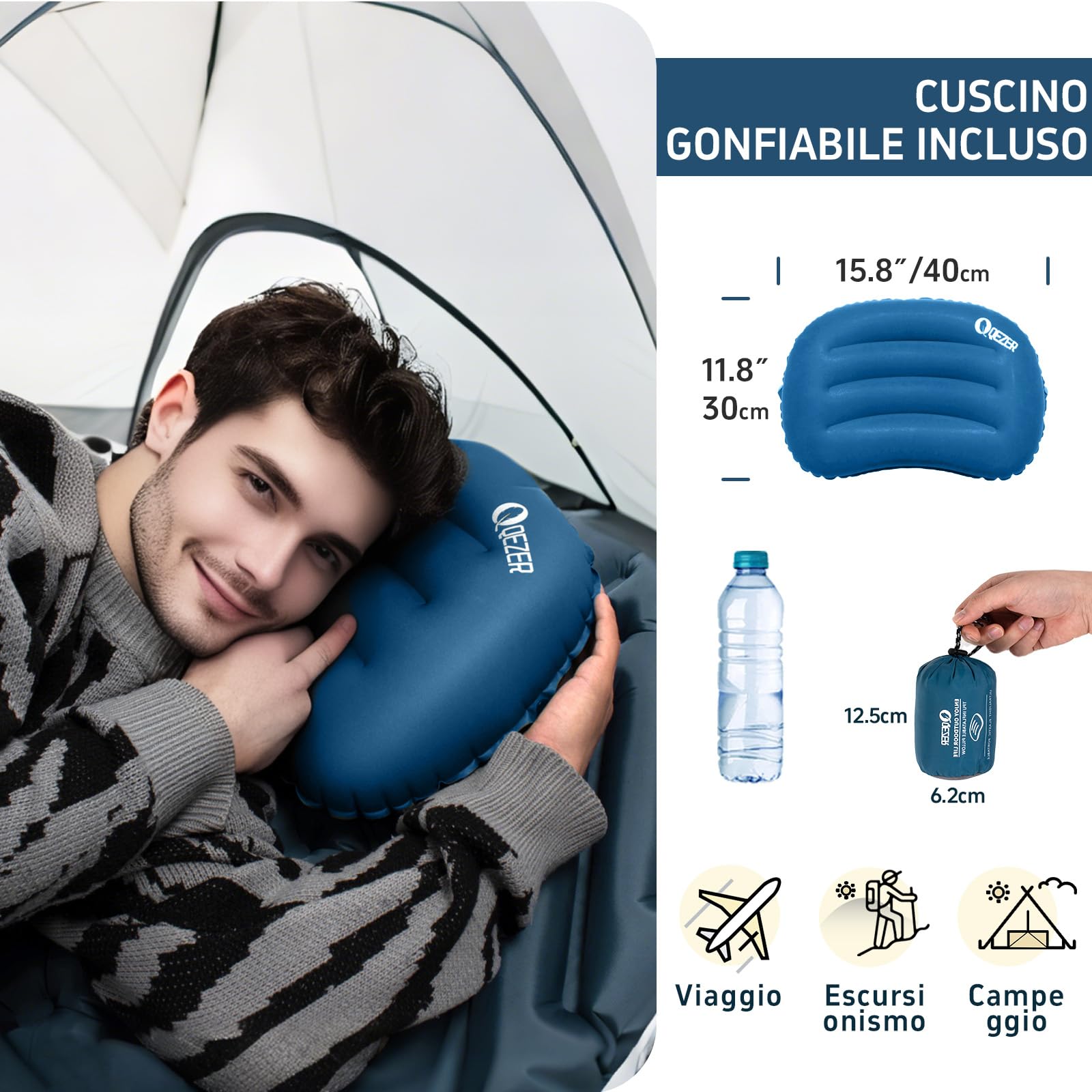 Materassino Campeggio Autogonfiante,solo 632-762g,Gonfiabile con Pompa,Ultraleggero Materasso Gonfiabile Campeggio con Cuscino,pieghevole, leggero,Materassino + cuscino (set) (Mamma Blu)