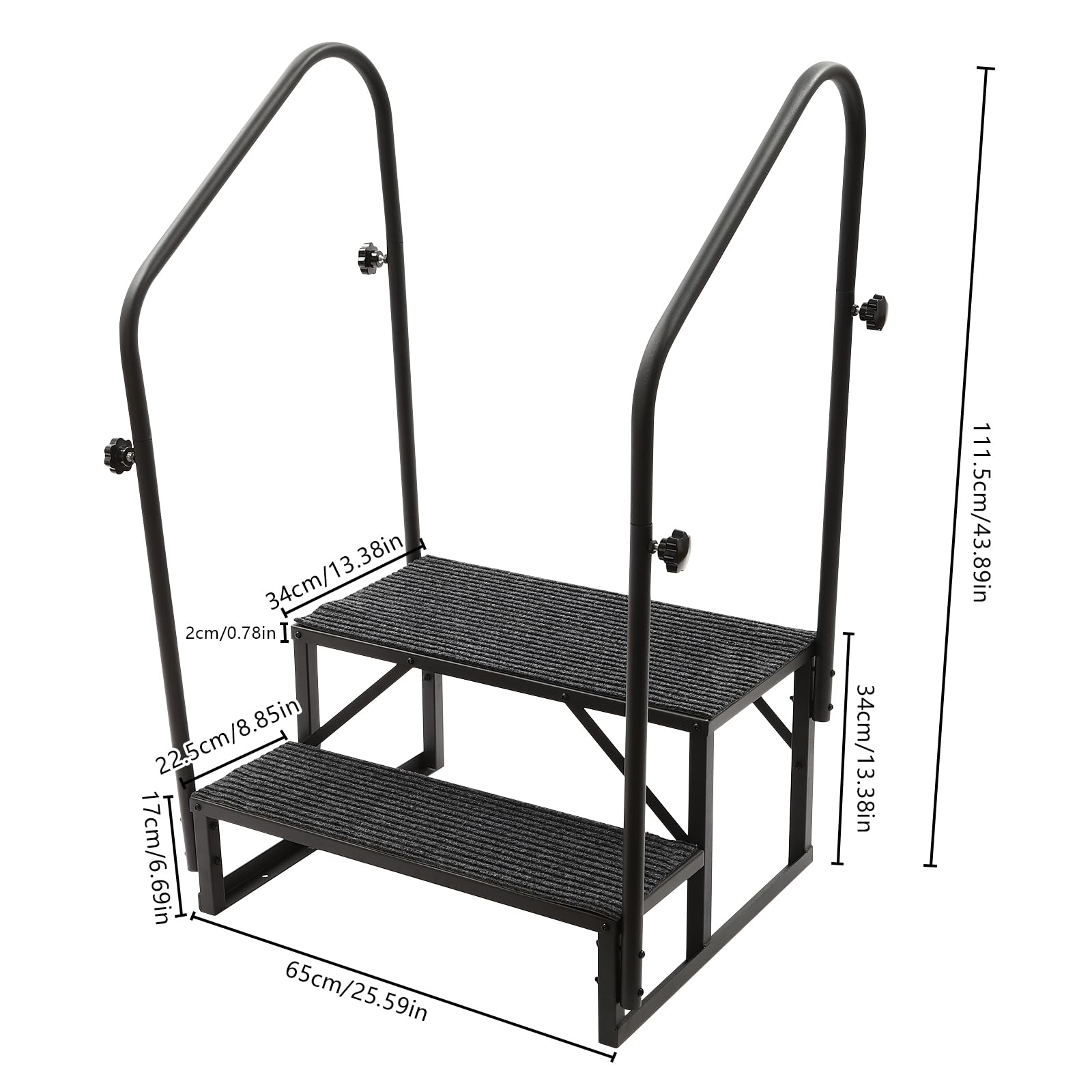 Escalera para autocaravana de 2 peldaños con pasamanos, 2 escalones móviles para exteriores, escalera de caravana con alfombrilla antideslizante, peldaños portátiles con cremallera, capacidad