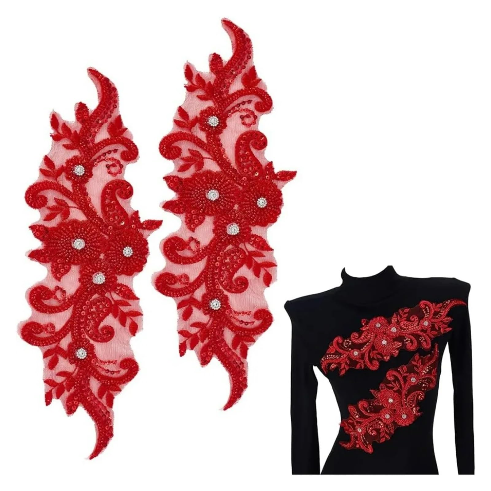 Apliques de encaje con abalorios 2 uds parches de encaje flores 14,17x4,72'' apliques lentejuelas con cuentas coser en bordados diamantes imitación