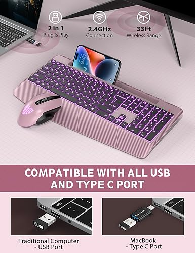 Miniatura 6 de Teclado y Mouse Inalámbricos con Retroiluminación, Reposamuñecas, Mouse LED, Teclado Ergonómico Recargable con Soporte para Teléfono, Combo