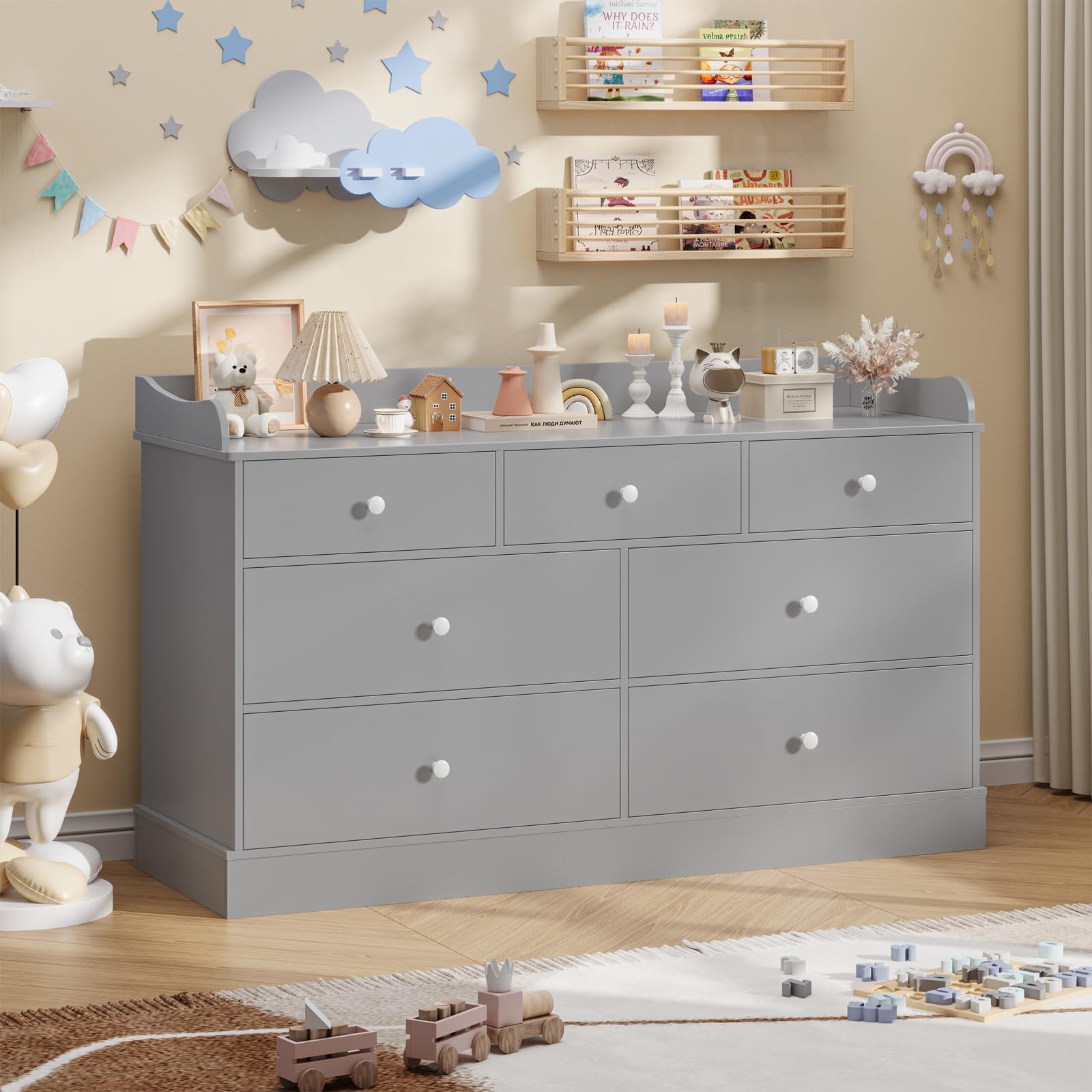 Vabches Kids Dresser Cabinet with 7 Drawers and Large Table Top, Multi-Functional Chest of Drawers, Baby Dresser, Kids Bedroom Furniture, Nightstand for Child's Room, Gray : Baby