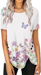 Womens Tops Shirt Sale, Summer Women Short Sleeve Irregular Hem Crewneck T Shirt Tops Side Decorative Button Tee Blouses Womens Short Sleeve T Shirts Running Tops for Women UK