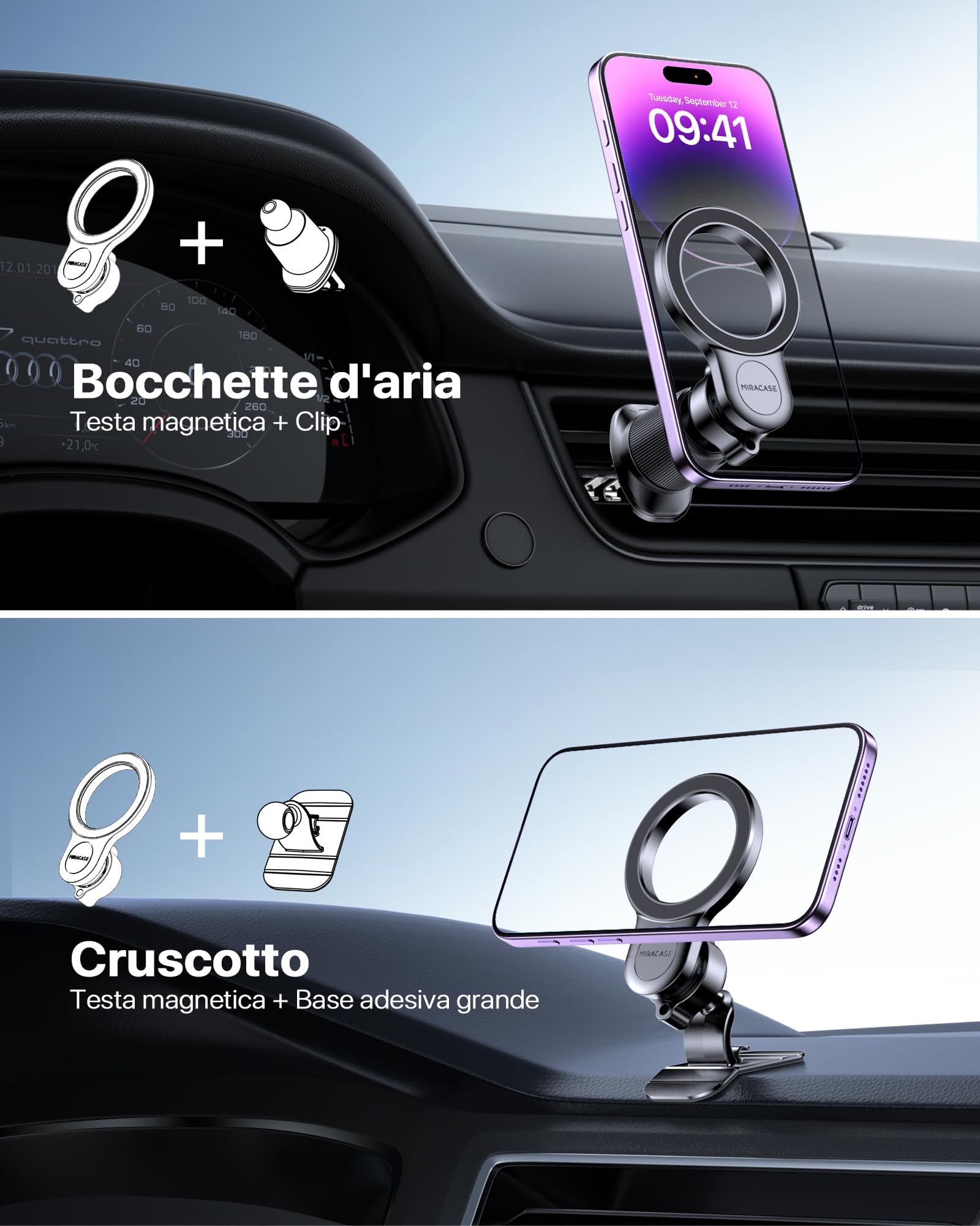 Miracase Porta Cellulare Auto con MagSafe【Potente Magnetico】Supproto Telefono Auto Magnetico【Gancio in Metallo】Porta Telefono Auto per Il Cruscotto & Presa d'Aria di Auto Compatibile con Smartphones