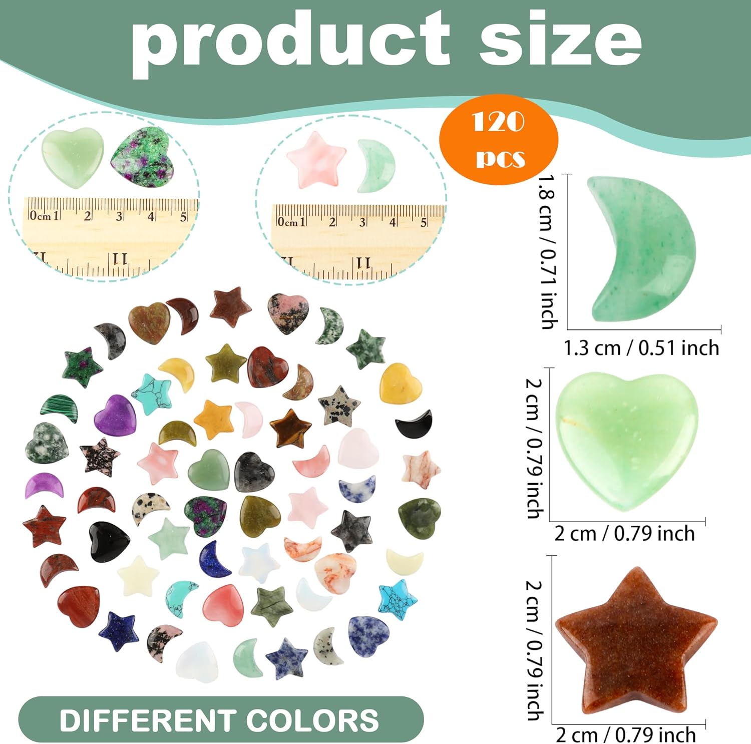 120 Pcs Shaped Crystals Heart Shaped Moon Star Crystals Worry Stones Bulk Heart Gemstones for Valentine Gifts Witchcraft