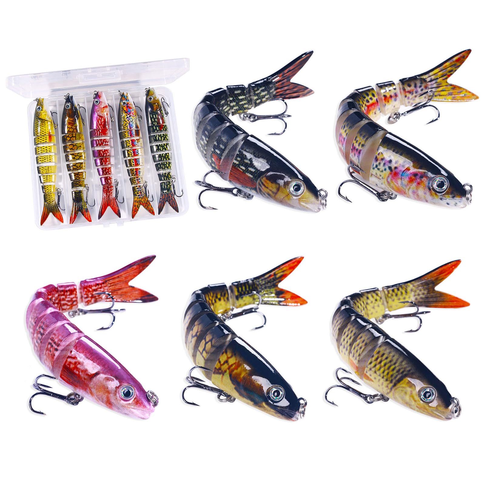 Fishing Lures Pike and Perch 5PCS Fishing Lures for Bass Trout Pikes Fish Lure Lifelike Pike Swimbait for Freshwater and Saltwater Multi Jointed Segmented Trout Bait with Hooks Slow Sinking (C)