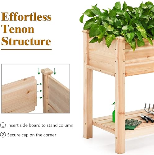 Miniatura 5 de Giantex Cama de jardín elevada, jardinera de madera elevada, kit de cama de jardín de pie con patas y estante de almacenamiento para hierbas de