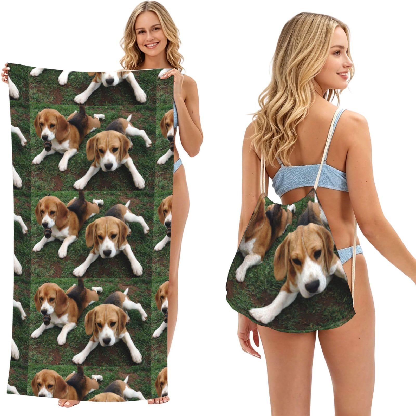 Poadnly As Picture Beagle Puppies, 2 In 1 Packable Towel Bag, Beach Towels With Drawstring Backpack For Travel Holiday Camping