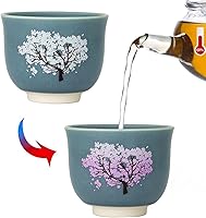 Vista 9 de Taza de té de cerámica con diseño de flores de cerezo sensible que cambia de calor, taza de café mágica única para regalo de San Valentín (5 onzas)