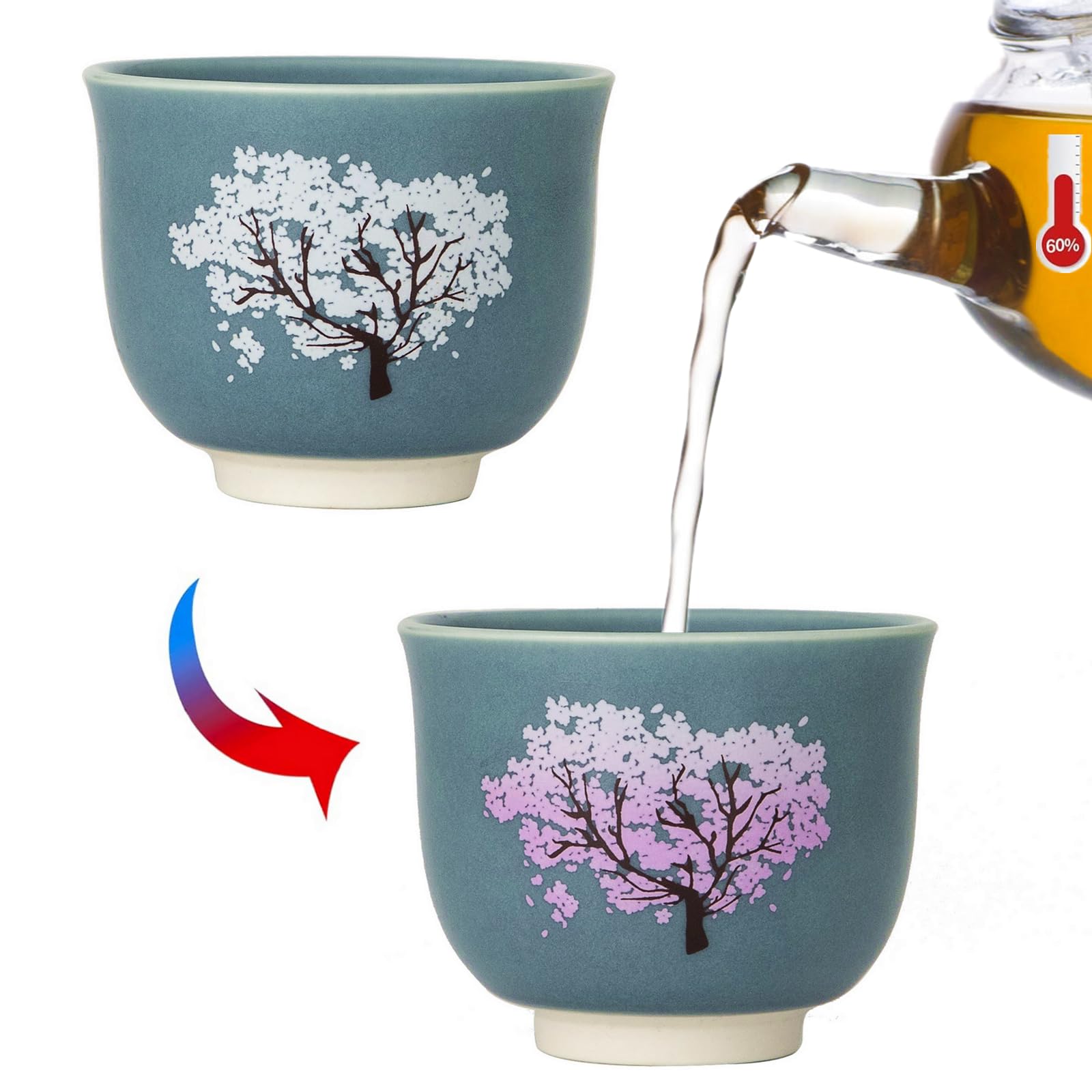 Heat Changing Sensitive Cherry Blossoms Tea Cup, Japanese Style Color Changing Coffee Mug, Unique Magic Coffee Tea Cup for Gift Valentines 4.4 oz/130ml (Blue)