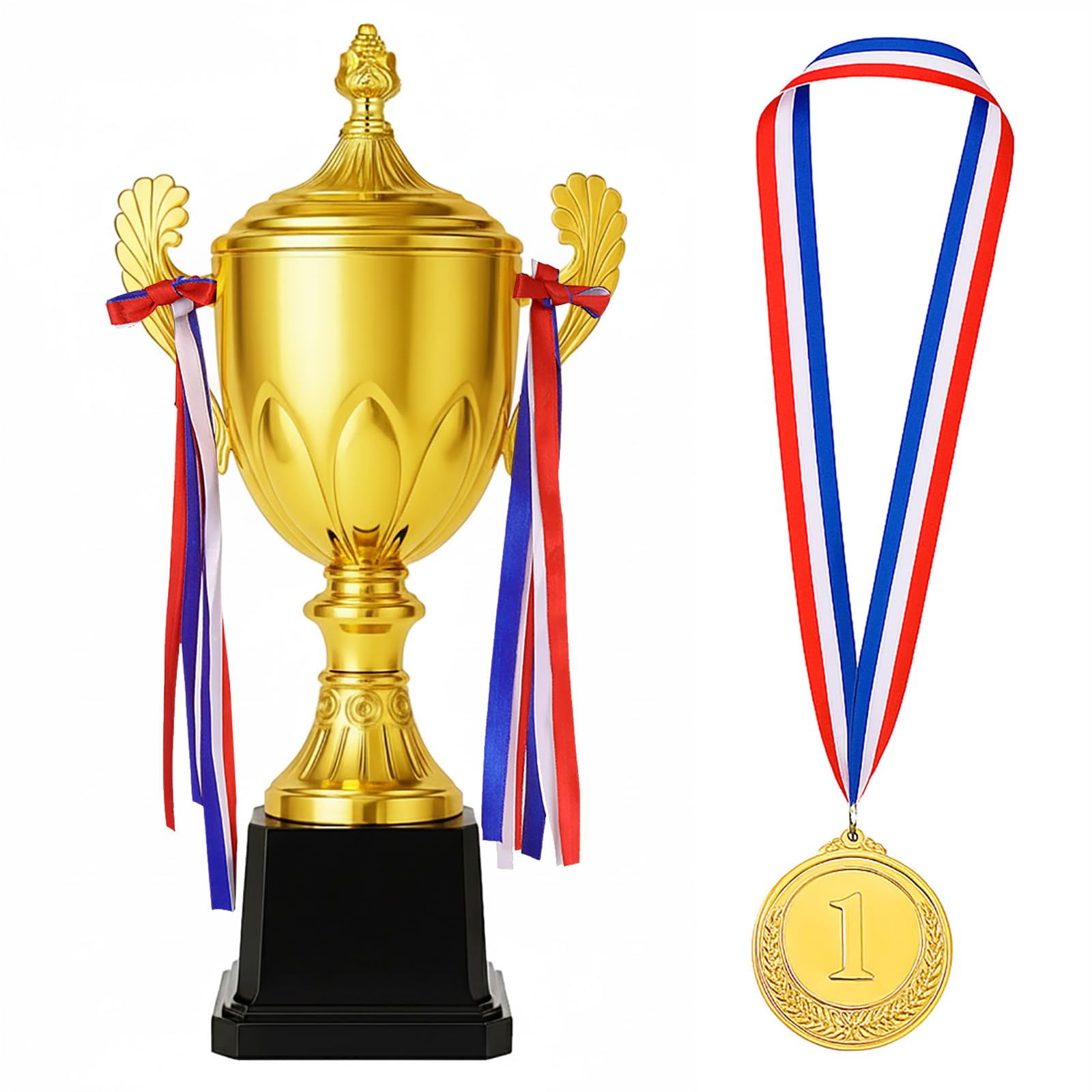 Trofeo de premio de oro de 16.5 pulgadas, gran copa de trofeo y medallas de premio con cinta para niños y adultos para deportes, competiciones, torneos