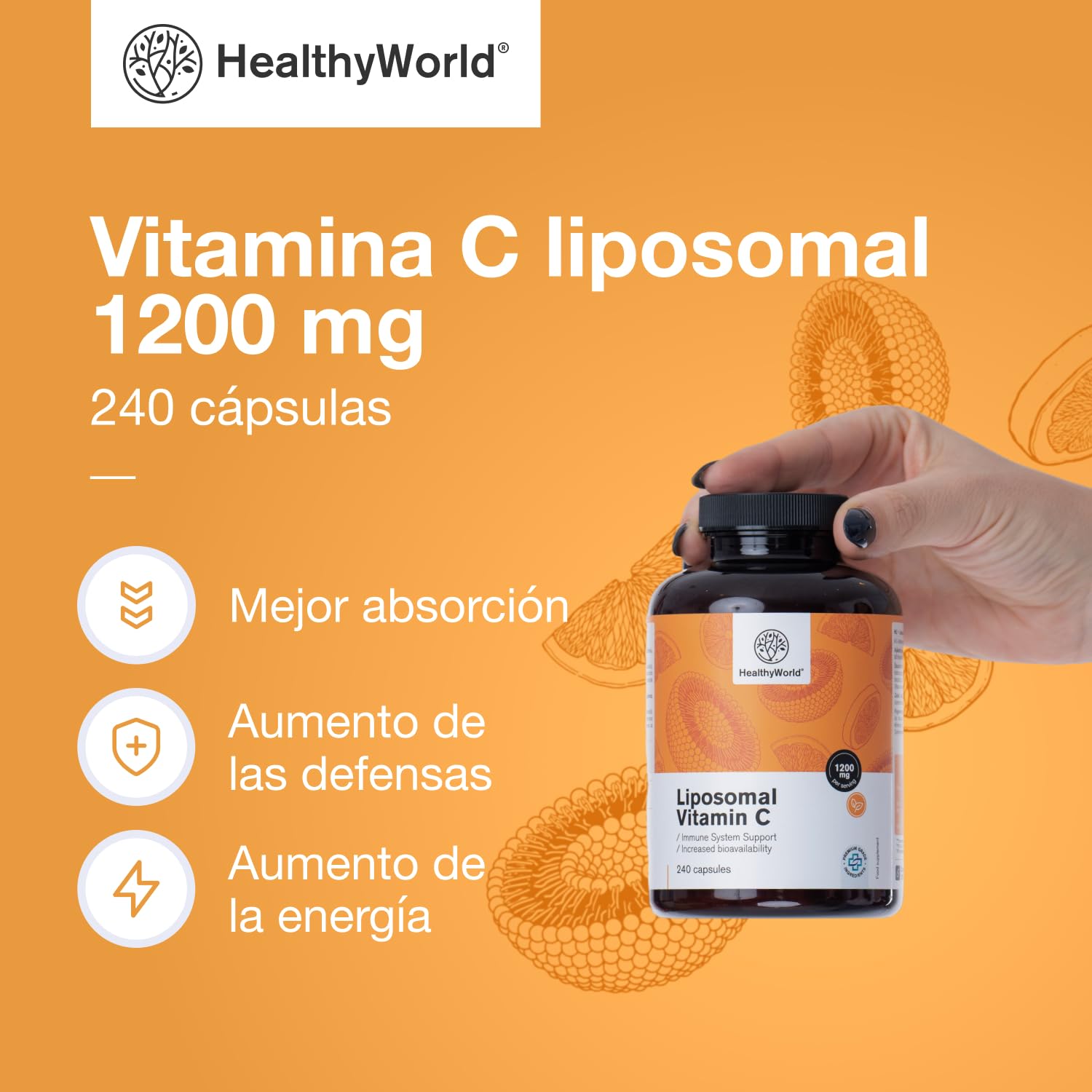 HealthyWorld Vitamina C liposomal - 240 cápsulas vegetales - 1200 mg de vitamina C al día - Con complejo fosfolípido de rosa mosqueta y girasol - Suministro para 4 meses - Alta biodisponibilidad
