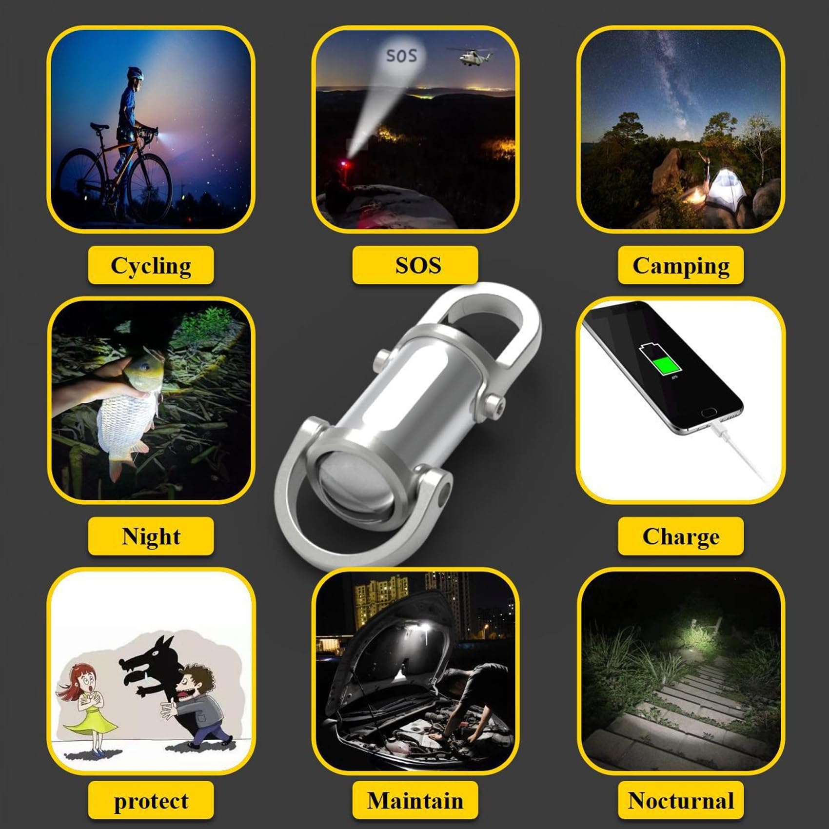 Mini lampe torche porte-clés, 1200 lm, ultra-lumineuse, étanche, Lumilink, lampe torche LED ultra-lumineuse avec batterie externe et 3 modes for l'extérieur, le camping et la randonnée(SilverX2-USB)
