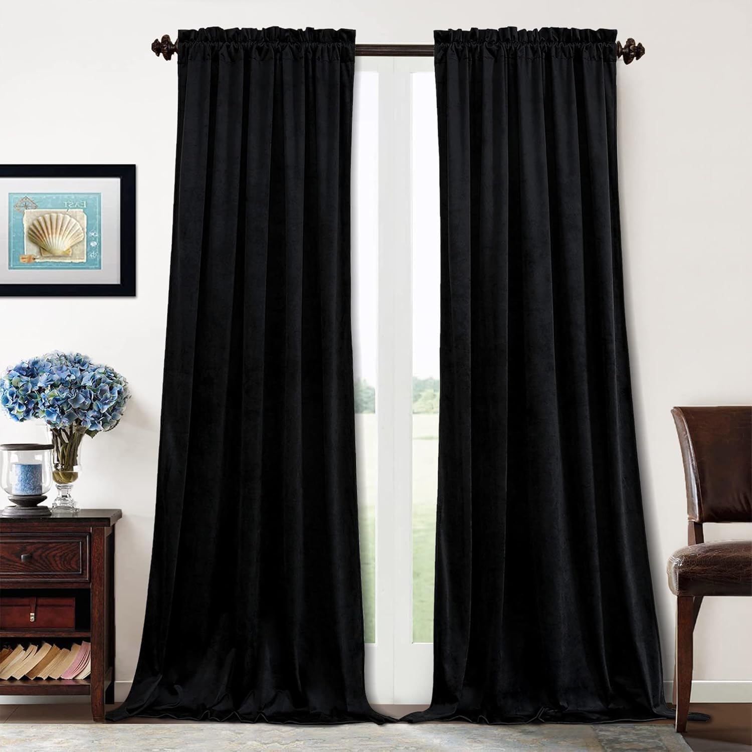 Benedeco Black Velvet Curtains for Bedroom Window, Super Soft Luxury Drapes, Room Darkening Thermal Insulated Rod Pocket Curtain for Living Room, W42 by L63 inches, 2 Panels
