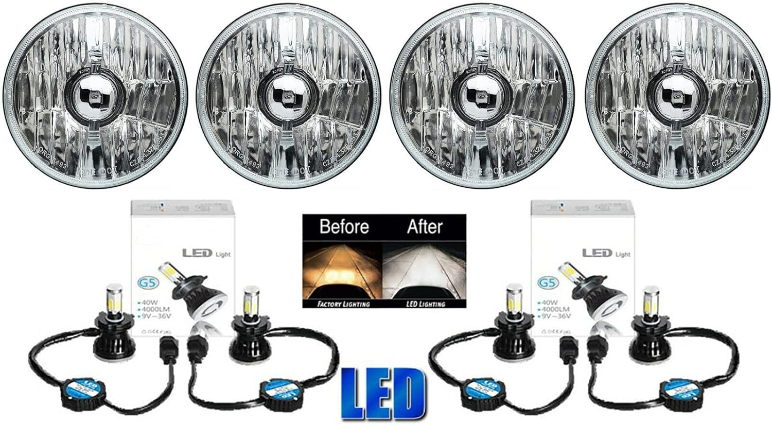 Octane Lighting 5-3/4 Crystal Clear Metal Glass Headlight LED 4000Lm H4 Light Bulb Headlamp Set (G5 LED Bulbs, 5.75")