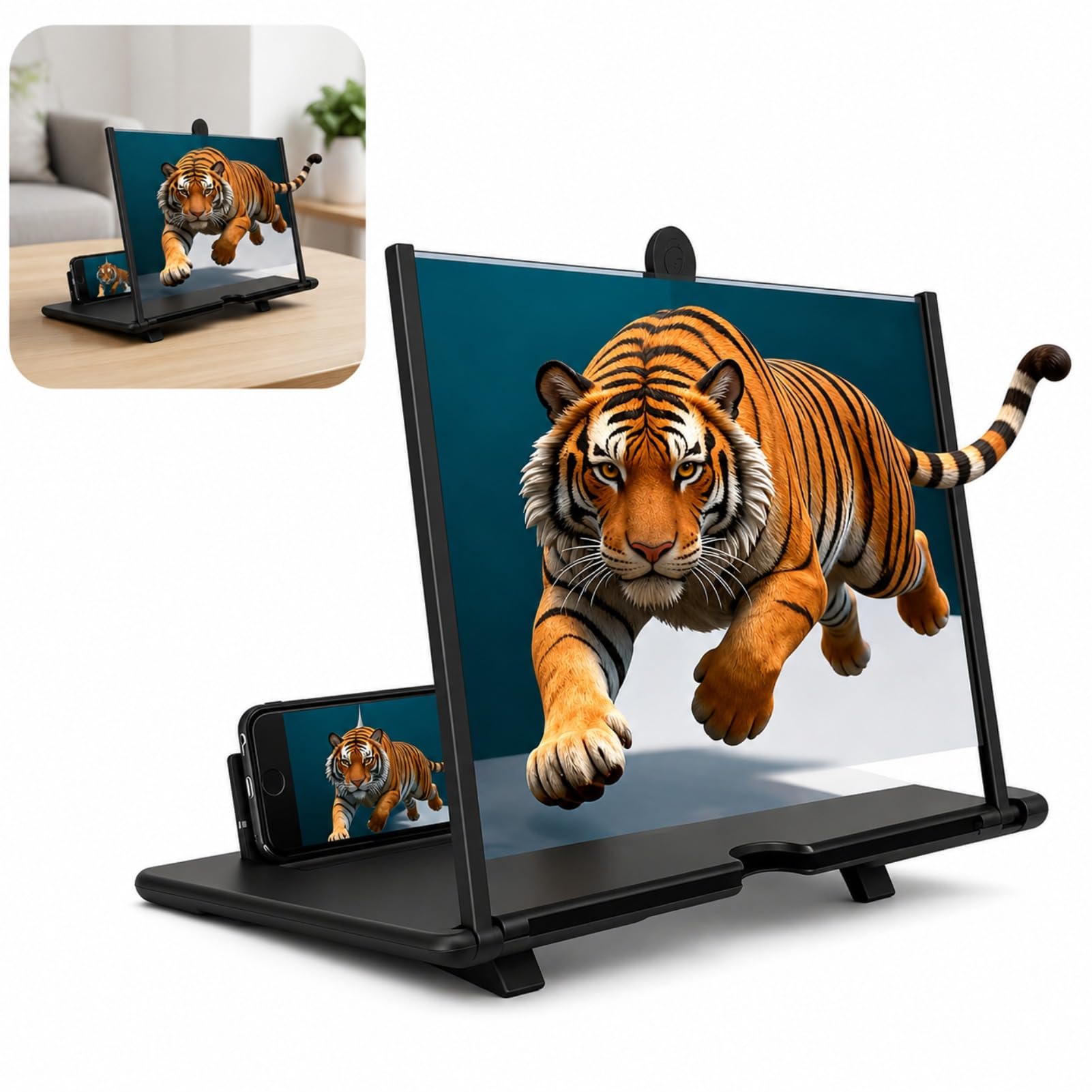 Mobile Phone Screen Magnifier Foldable 3D Smartphone Screen Amplifier with Stand Enlarged Viewing Display for Video Portable Desktop Phone (Black,12 inches)