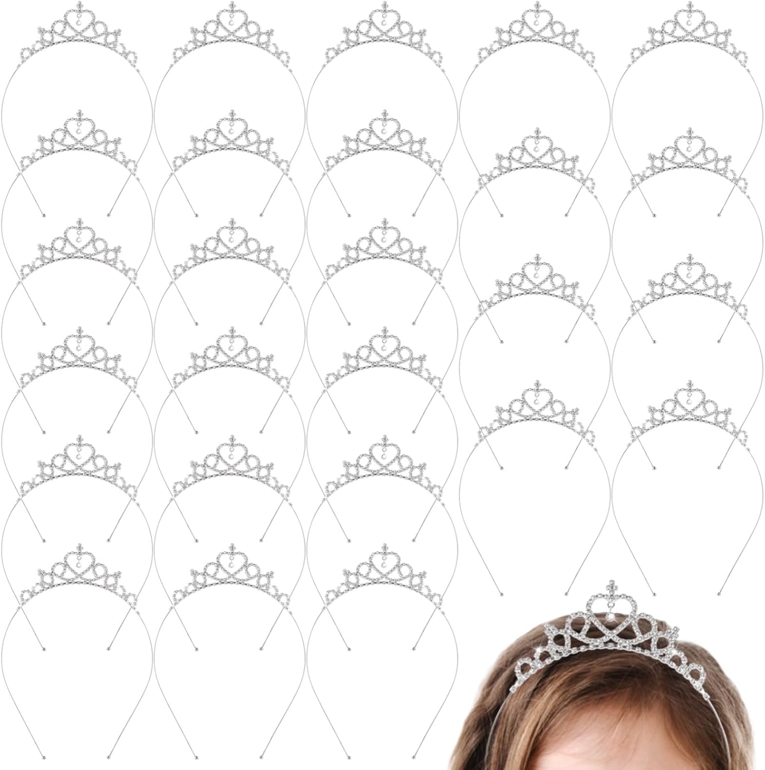 30 Pcs Princess Tiara Crowns, Heart-Shaped Crystal Rhinestone Tiaras, Adjustable Alloy Headbands, Heart Rhinestone Hairpieces, Silver Hair Accessories for Birthdays, Dance Parties, Weddings