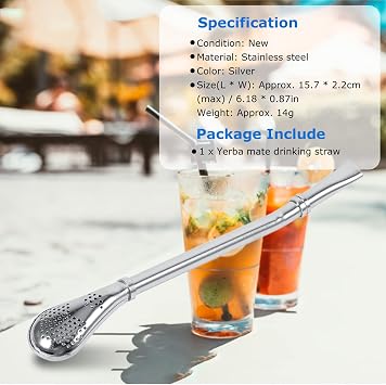 Stainless Steel Yerba Mate Bombilla, Durable Filtered Straw with Ergonomic Spoon Tip, Premium Mate Gourd Accessory for Tea Lovers, Students, Outdoor Enthusiasts