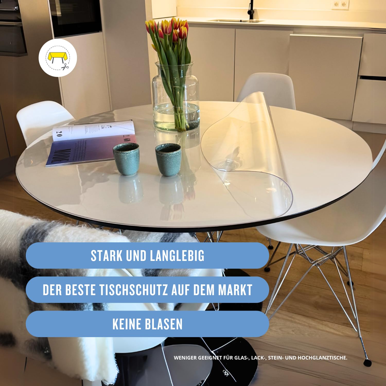 Trente Tischfolie Rund 120 cm Ø – 2mm Dick – Tischdecke Abwaschbar - Transparente Tischschutzfolie mit Abgeschrägten Kanten – Abwaschbare Schutzfolie – Runde Tischdecke Flexibel & Strapazierfähig