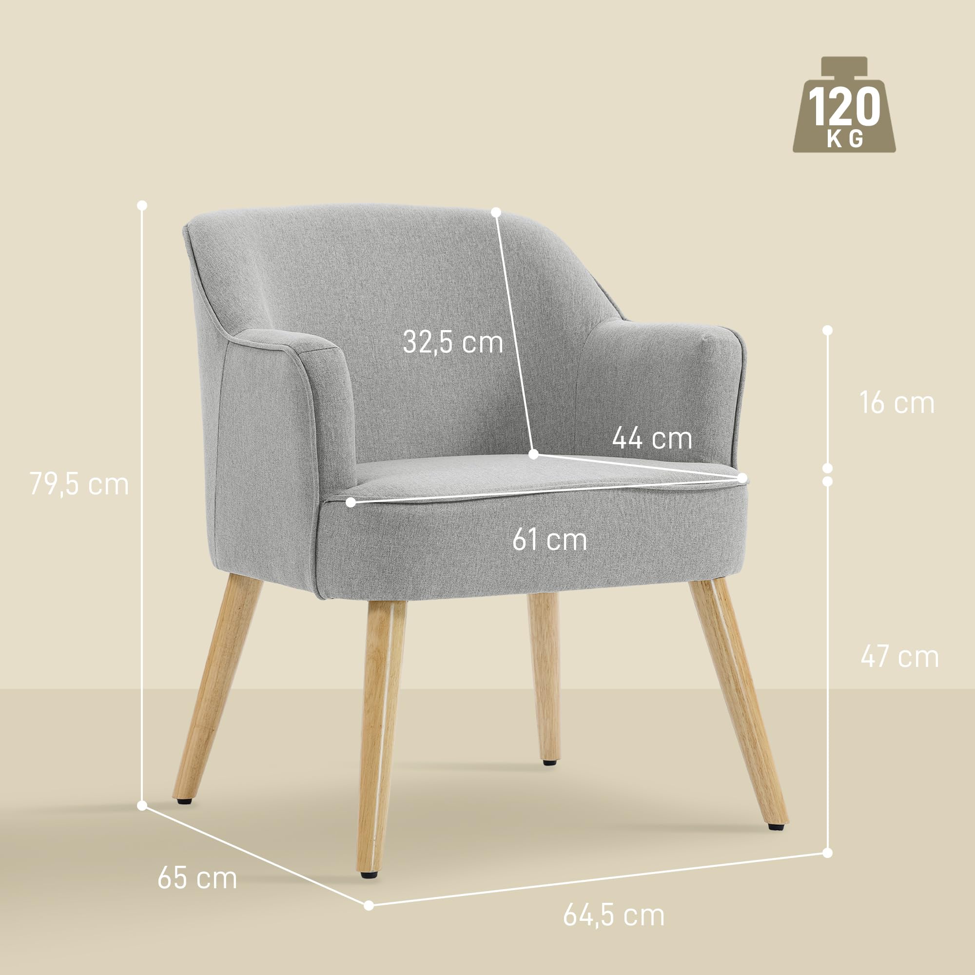 HOMCOM Butaca de Salón Moderna en Lino con Patas de Madera 120kg Gris Claro | Sillón Lectura Tapizado, Reposabrazos Acolchado Grueso, Almohadillas Ajustables, para Dormitorio Oficina Estudio