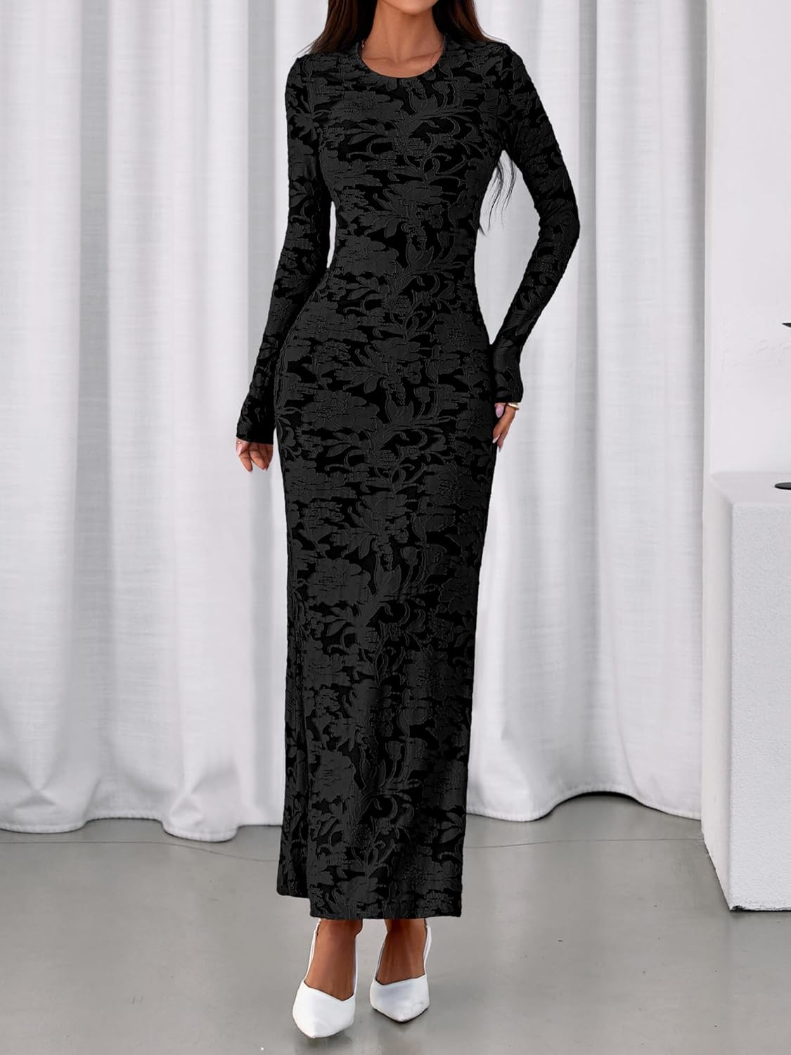 BTFBM Wedding Guest Dresses for Women 2026 Spring Elegant Floral Lace Ruched Long Sleeve Bodycon Cocktail Party Maxi Dress - Image 4