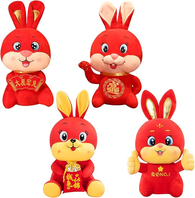 Exsivemy 4pcs Rabbit Plush Toy, 2023 Chinese New Year Zodiac Bunny Stuffed Animal Doll, Lucky Rabbit Mascot Toy, Plushie Lunar Year Rabbit Ornament Chinese New Year Decorations 2023 Gifts for Kids