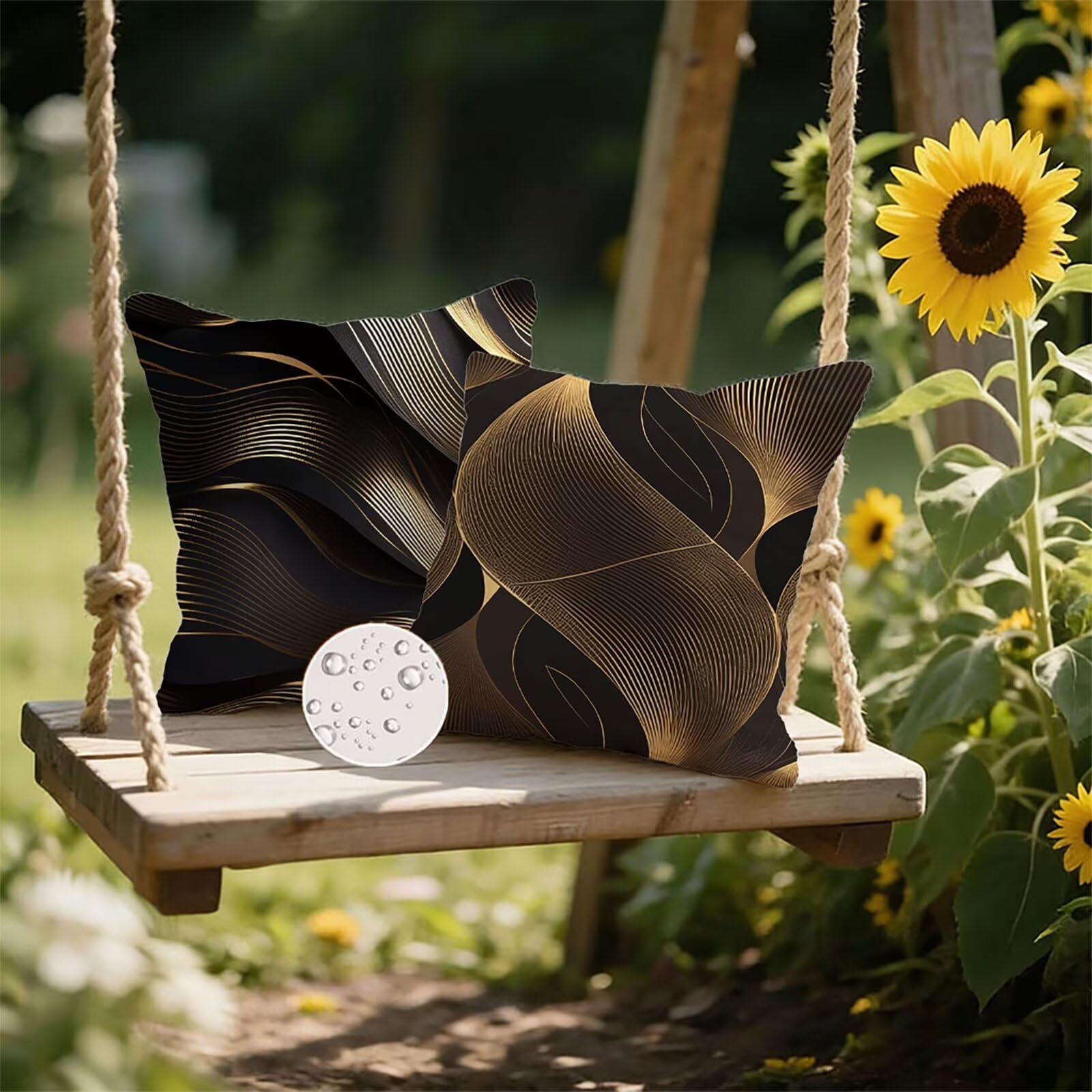 Generisch Outdoor Kissen Wetterfest 60x60cm Schwarz Dekokissen Kissenbezüge Linie Kissenhülle Sommer Sofakissen für Wohnzimmer Schlafzimmer Garten Dekorative 2er Set. P-4184