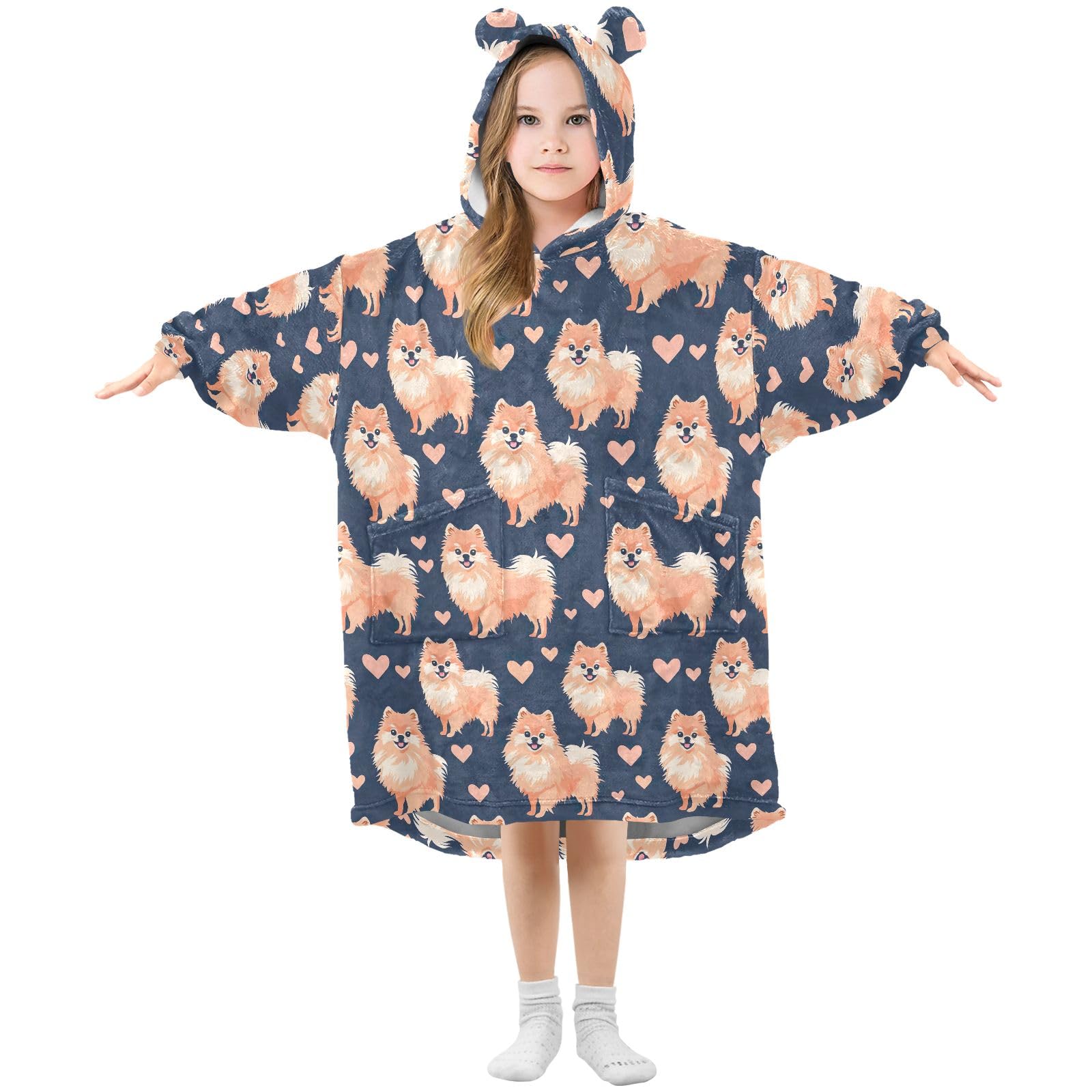 CHIFIGNO Pomeranian Dogs Wearable Blanket for Kids Girls Boy 3-14Y Comfy Blanket Hoodie Oversized Blanket Hoodie with Pockets