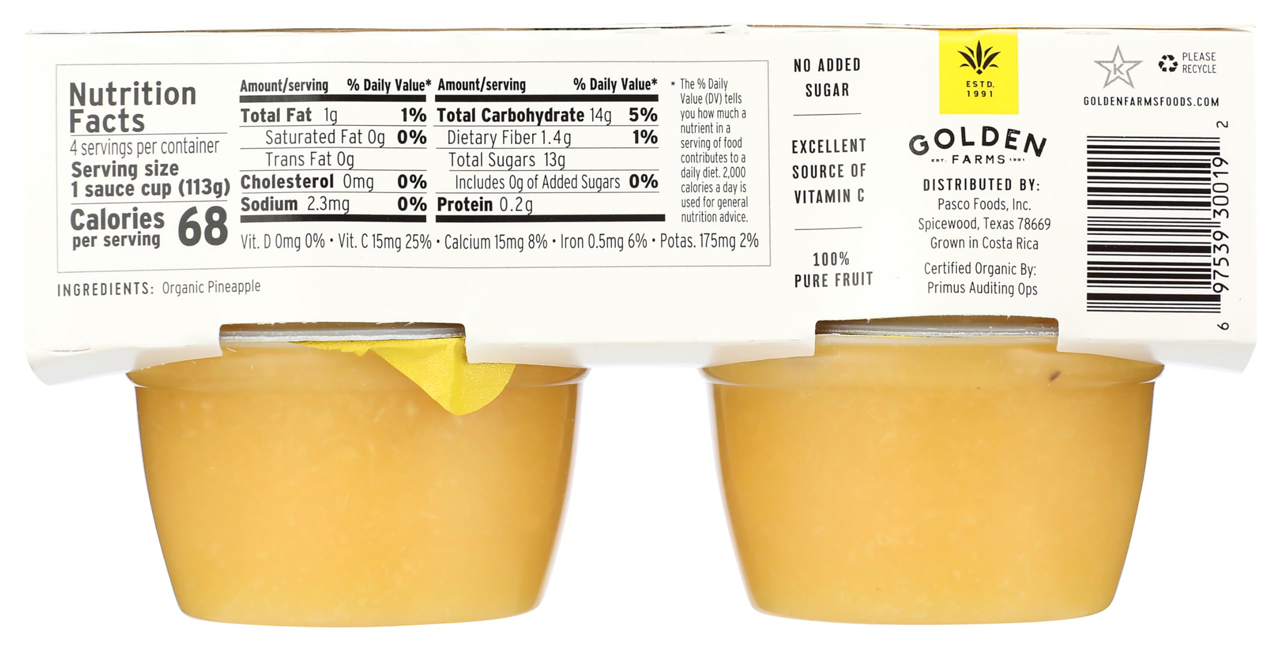 Golden Farms Pineapple Cups, Single Ingredient Healthy Snacks (Pack of 4), 100% Pure Fruit, No Added Sugar, Vegan, Gluten-Free, Kosher, Organic 4oz Fruit Cups