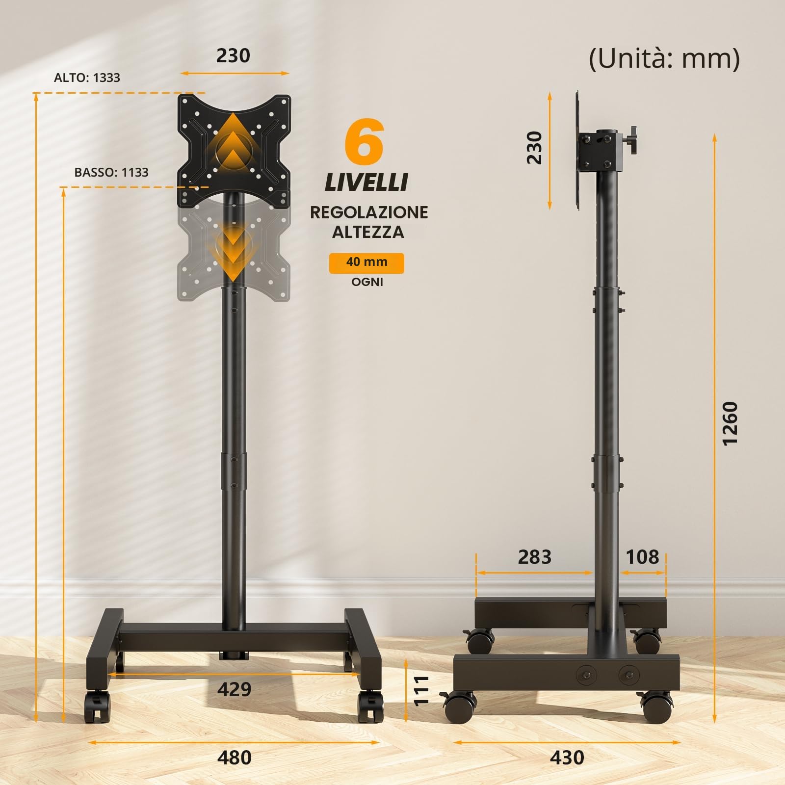 TVON Porta TV con Ruote Per Schermi Plasma/LCD/LED 13-50 Pollici, Girevole Supporto TV da Pavimento Regolabile in Altezza Carrello con Ruote Fino a 20 kg, Max. VESA 200 x200 mm, Nero