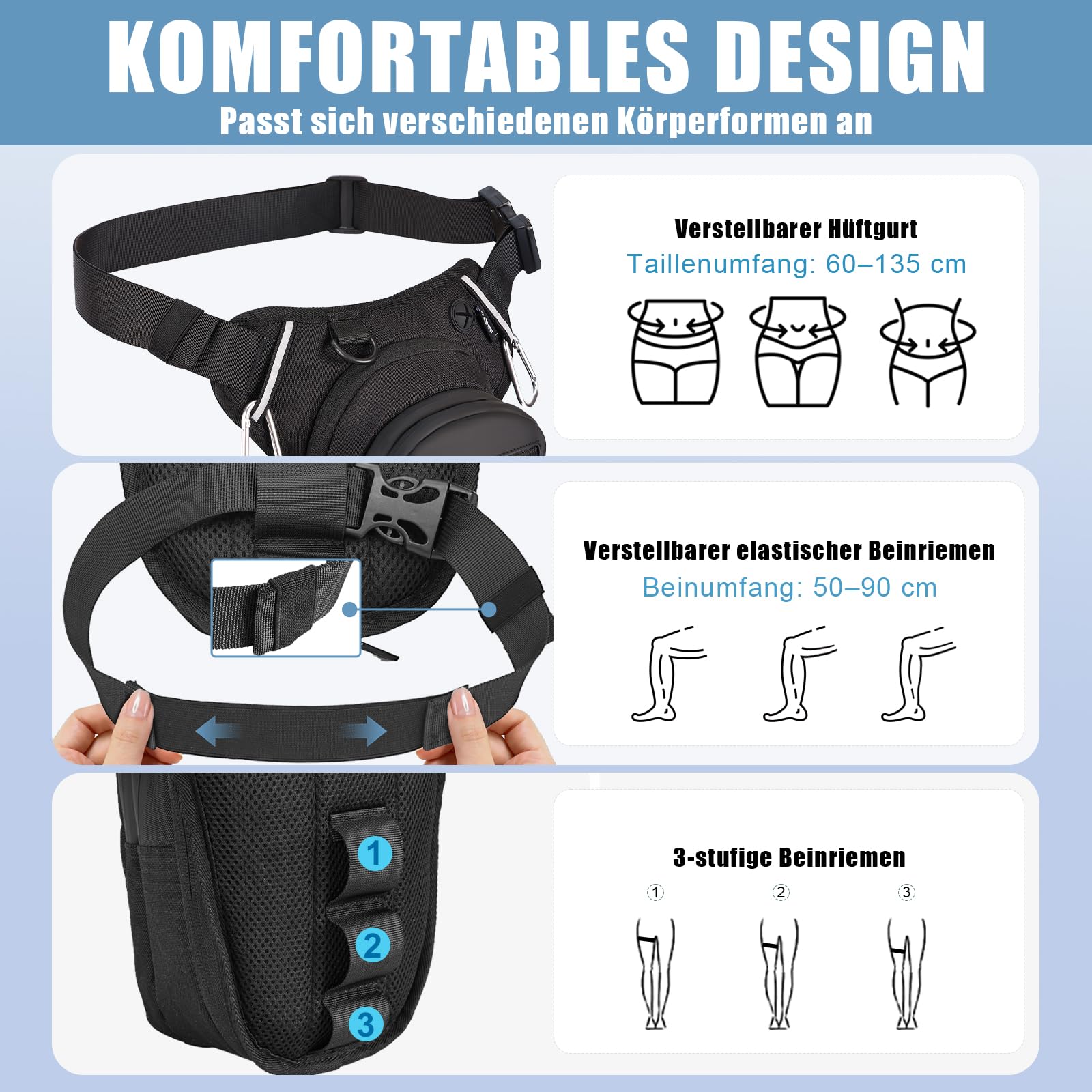 Eshow Beintasche Motorrad für Herren Damen, Oberschenkeltasche Gürteltasche Erweiterbare Stauraum, Bauchtasche mit 1 Flaschenhalter 2 Karabinern Reflexstreifen für Wandern Radfahren Schwarz