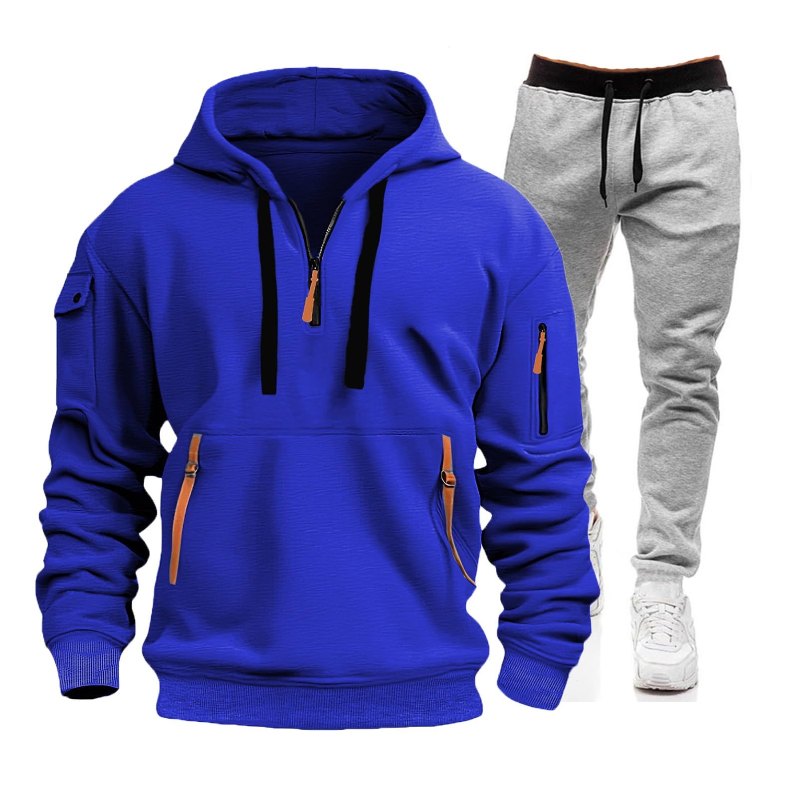Generisch Tuta da allenamento da uomo, set da due pezzi, tuta da jogging, tuta fitness, palestra, tuta da corsa, tuta per il tempo libero, felpa con cappuccio con cerniera 1/4 e cotone