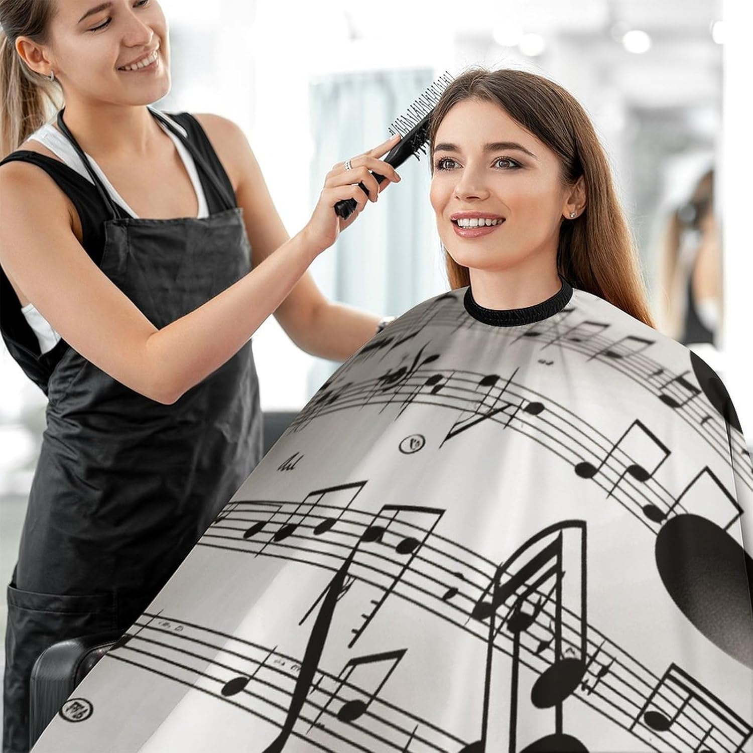 Music Notes Print Apron for Women Men,Barber Cape with Adjustable Snap Closure,Hair Cutting Cape,66.9 X 56.7 Inches for Hair Dye, Comb-out, Styling, Shampoo