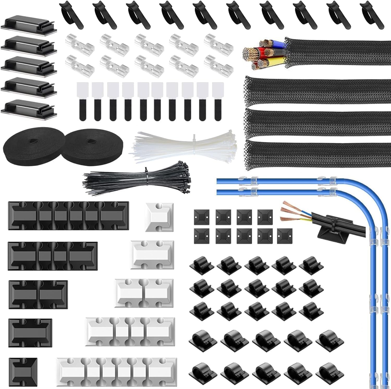 286 Pcs Cable Management,Necomi Cable Organizer with 60 Cable Clip Holders, 4 Cable Tubes, 2 Roll Self Velcro ties,Cord Organizer for Desk, 20 Resealable Cable Ties and 200 Cable Ties