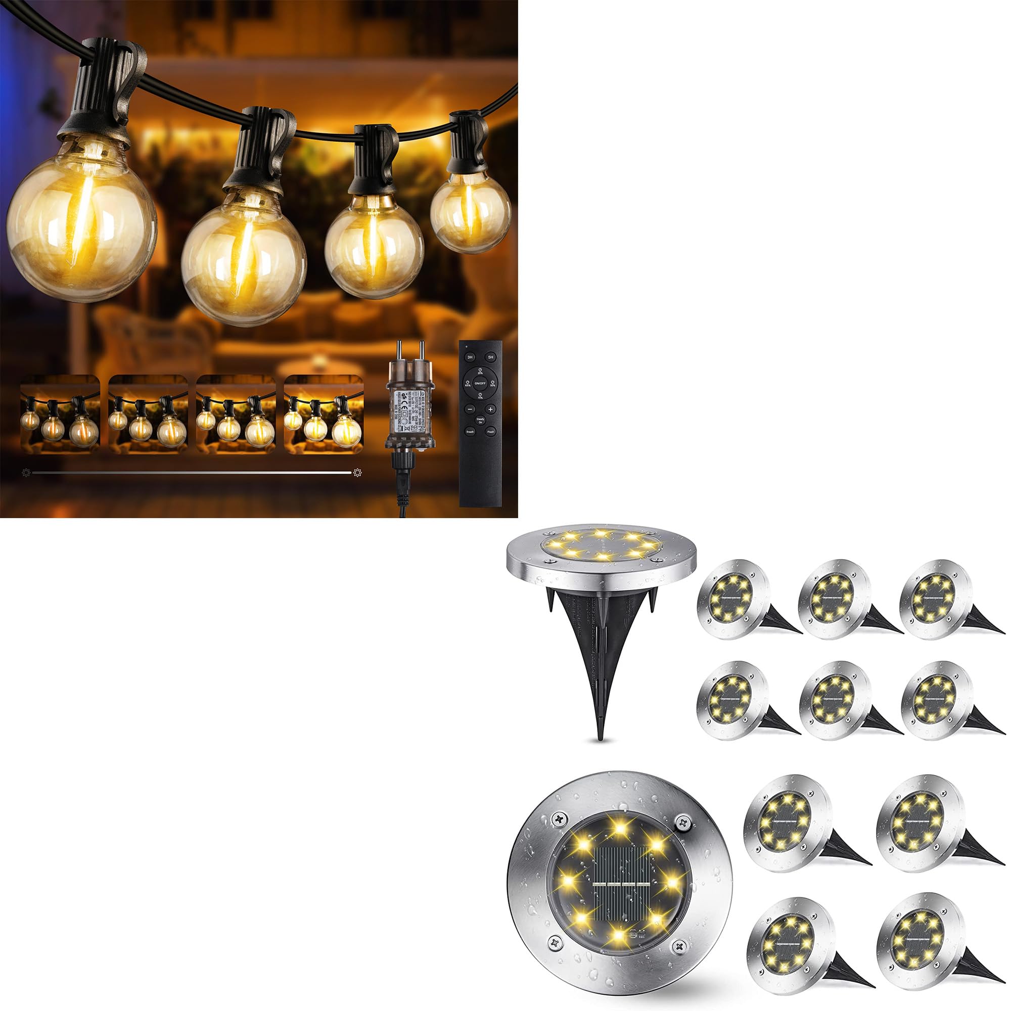 Joomer LED Lichterkette Außen Strom 20M mit 27+1 LED und 12 Stück Solar Bodenleuchten Aussen, Solarleuchten für Garten Außen mit 8 LEDs