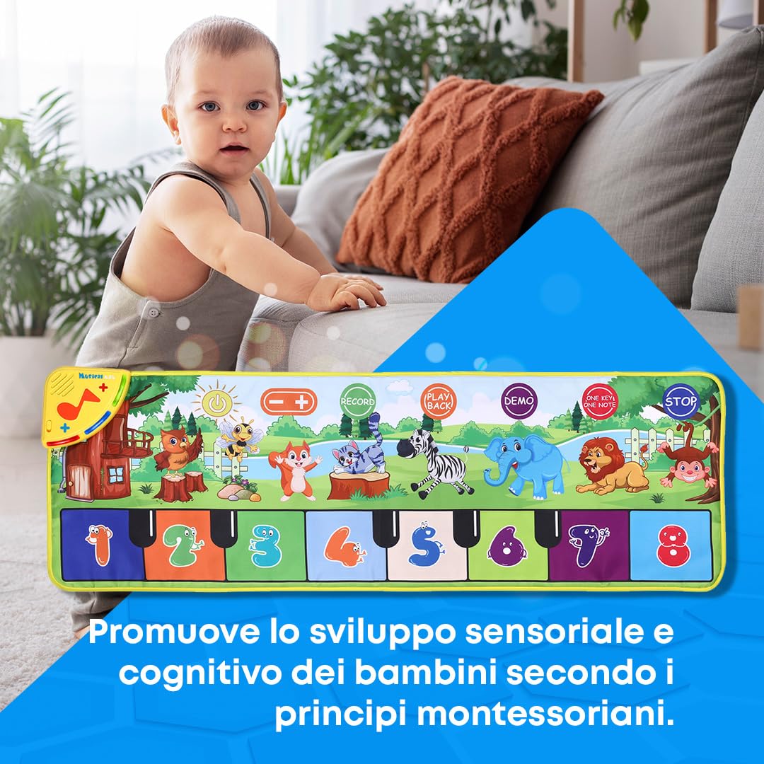 NK Tappetino Musicale per Bambini con 8 Suoni di Animali LED - Gioco Regali Bambino 3 4 5 annos, Tappeto Pianoforte Musicale Montessori, Regalo Natale e Compleanno, Funzione Record/Playback (110x36cm)
