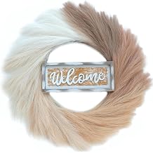 Pampas Grass Wreath, 24 Artificial Pampas Wreath with Hello Sign, Pampas Farmhouse Wreath for Front Door Decor
