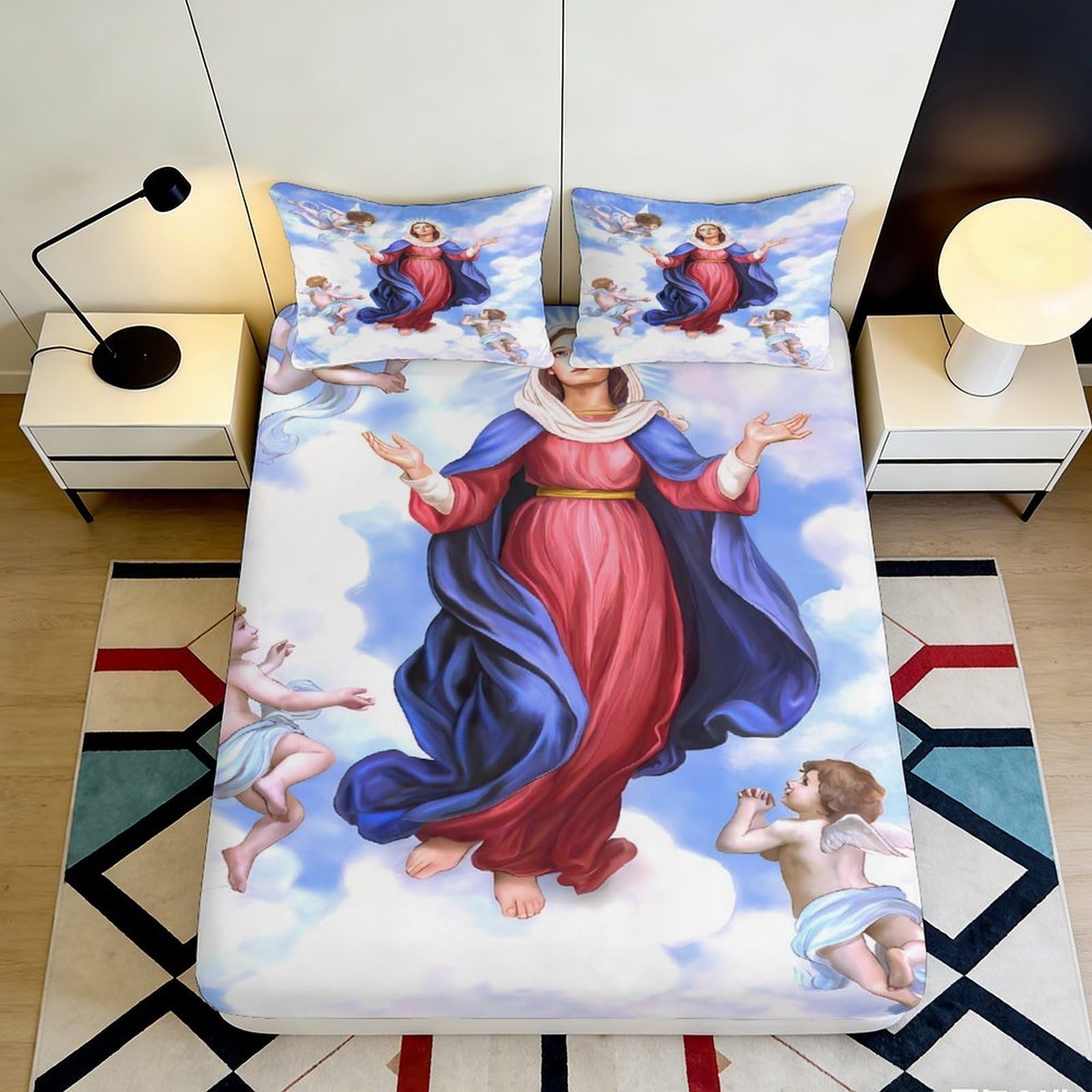 3D Printed Virgin Mary Religious Fitted Sheet Microfiber Soft Breathable Angelic Bed Cover for Bedroom Dormitory Guest Room Mattress Protection Decor 90x200x25cm
