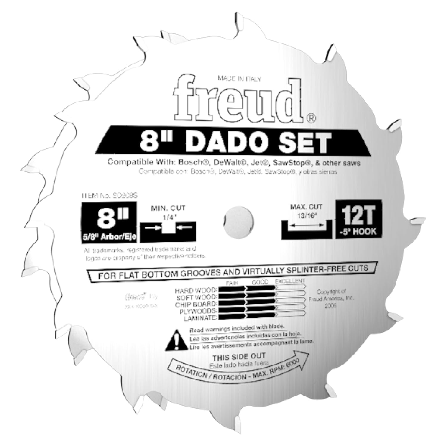 Freud Pro Dado Set with Premium TiCo Hi-Density Carbide Crosscutting Blend for Maximum Performance - 8" Diameter, 12 Teeth, 5/8" Arbor, 6000 Max RPM - SD208S
