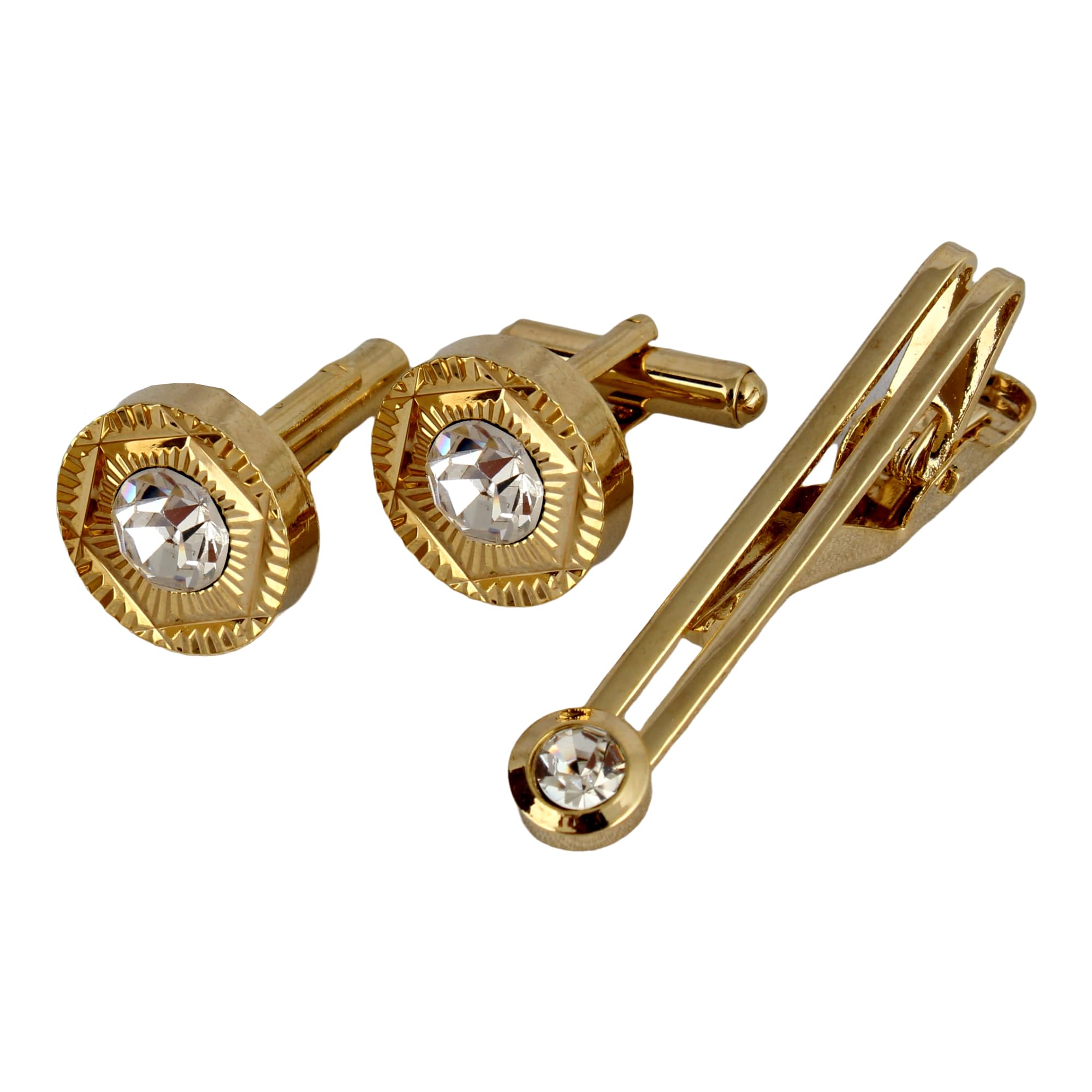 Unique Men Jewelry White Color Stone Gold Plated Sleeve Button Formal Cuff Button Wedding Shirt Button, Suit, Blazer Cufflinks with Matching Tie Pin Gift Set For Men (300-M4C5-STDCM42)-image-19