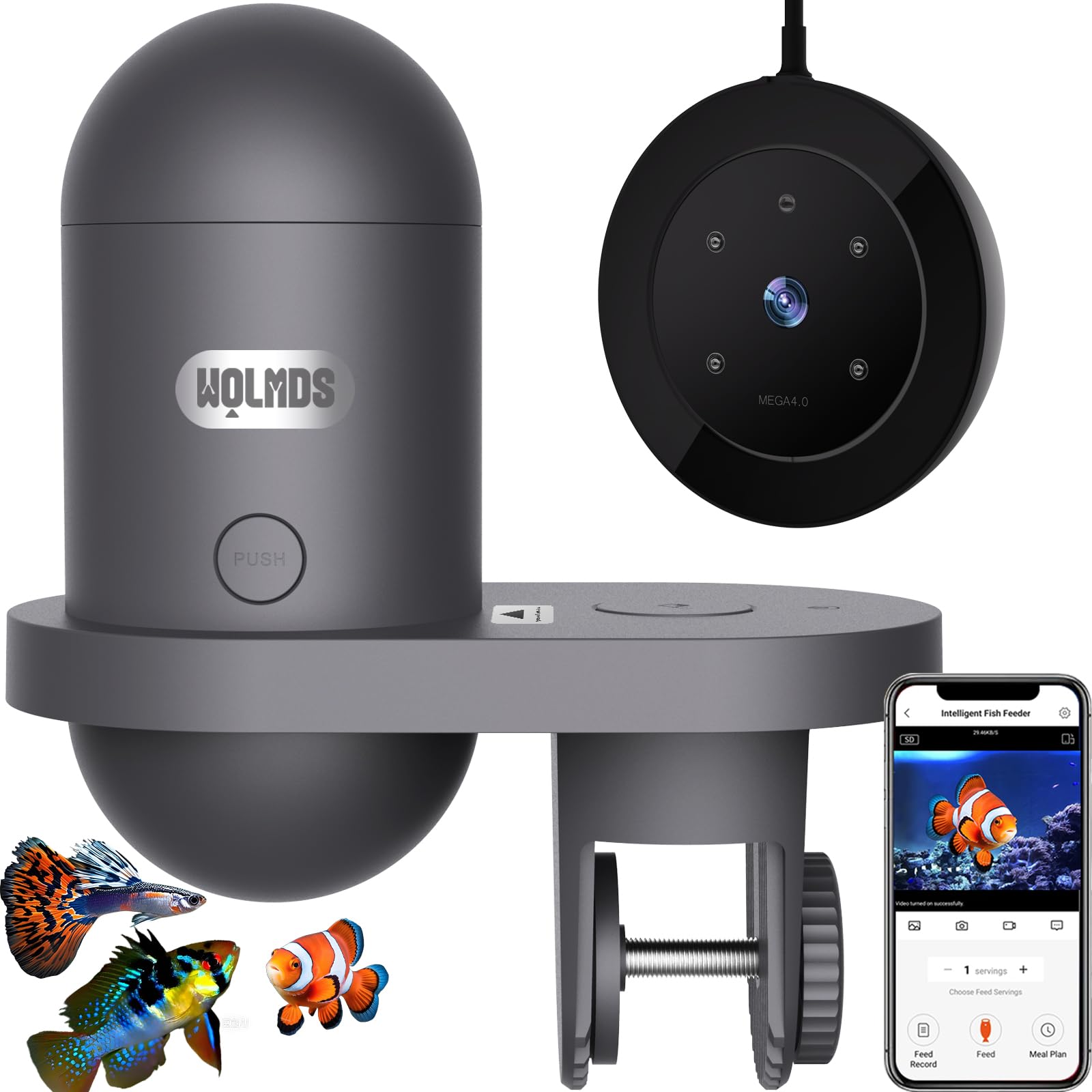 Alimentador Automático de Peces - Dispensador de Comida para Peces WOLMDS con Cámara 2.5K y Control WiFi/App|Capacidad de 230ML,Comedero a Prueba de Humedad Ideal para Vacaciones y Acuarios